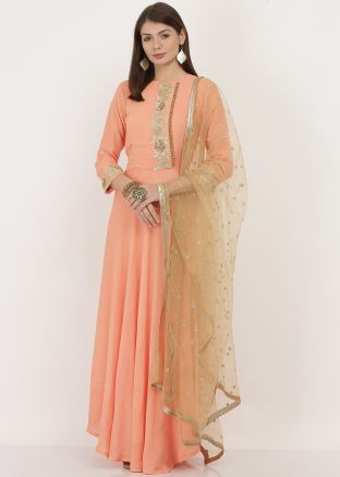 Readymade Peach Embroidered Georgette Anarkali Suit