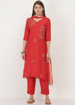 Readymade Red Sequins Embroidered Pant Suit Set