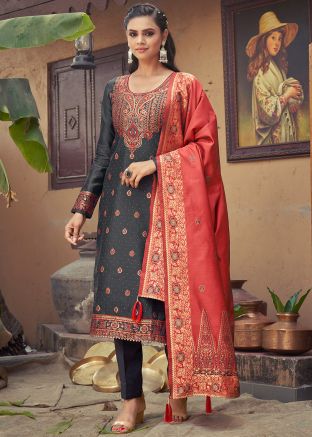 Black Zari Woven Jacquard Pant Suit