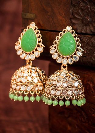 Green Readymade Kundan Jhumka Earrings