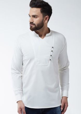 White Cotton Readymade Short Kurta