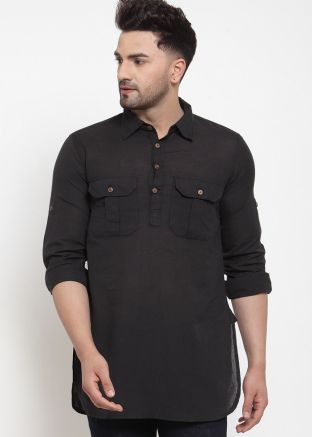 Black Cotton Readymade Short Kurta