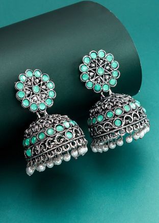Green & Silver Oxidised Jhumka Earrings