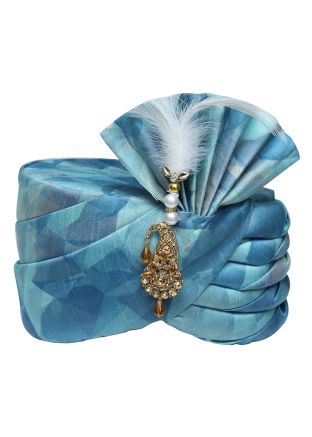 Blue Silk Digital Print Wedding Safa