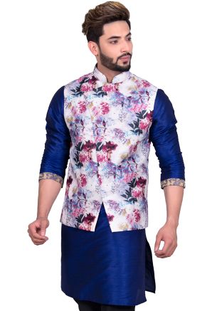 Readymade White Digital Printed Asymmetric Nehru Jacket