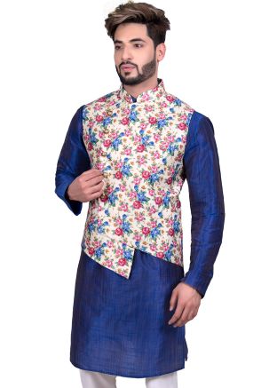 Cream Asymmetric Floral Digital Printed Nehru Jacket
