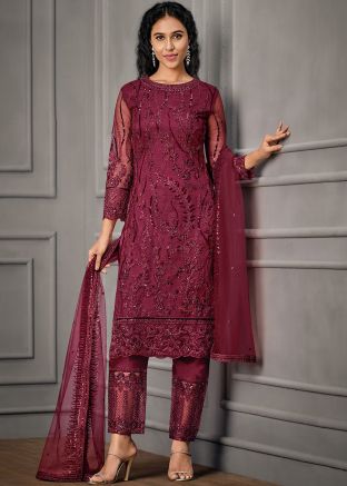 Maroon Embroidered Pant Style Suit Set
