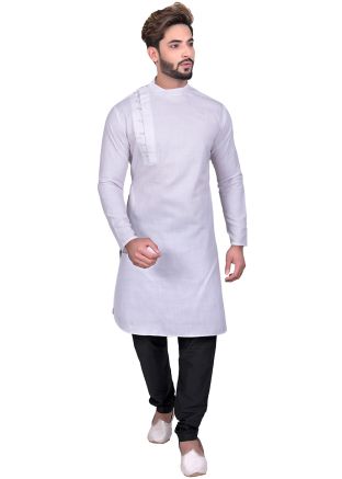 White Readymade Cotton Kurta With Churidar