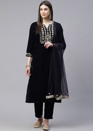 Blue Readymade Salwar Kameez In Velvet