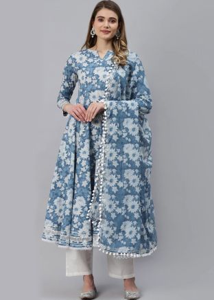 Blue Floral Printed Readymade Anarkali Suit