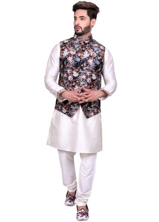 Readymade White Kurta Churidar With Printed Jacket