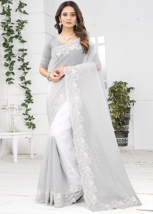 Grey Resham Embroidered Net Saree With Blouse