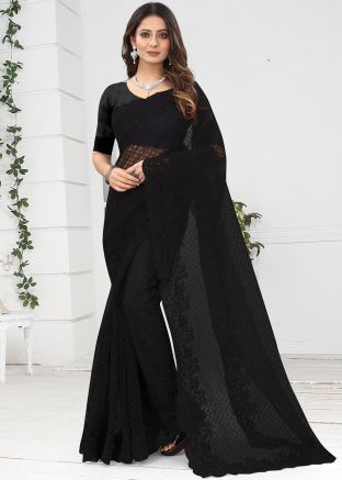 Black Net Saree With Resham & Cord Work