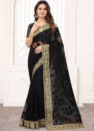Black Resham Embroidered Saree In Net