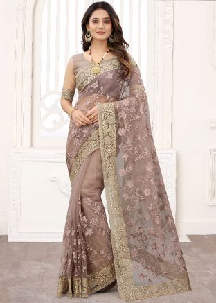 Purple Resham Embroidered Saree In Net