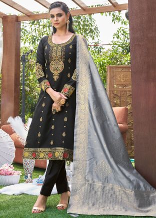 Black Zari Woven Banarasi Salwar Suit With Dupatta