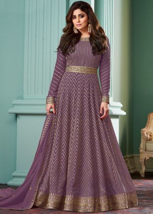Shamita Shetty Purple Embroidered Georgette Anarkali Suit