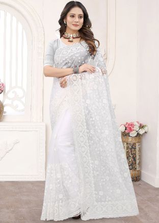 Embroidered White Net Saree For Festive Wear