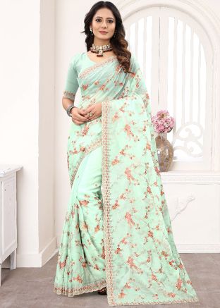 Blue Organza Saree With Heavy Embroidered Pallu