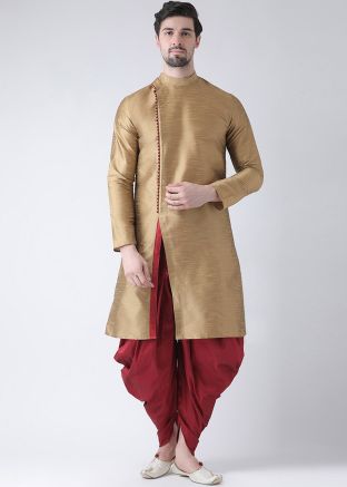Readymade Beige Slit Style Angrakha Kurta Dhoti Set