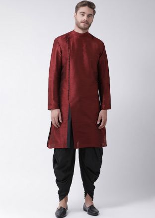Maroon Readymade Angrakha Style Slit Kurta Dhoti Set