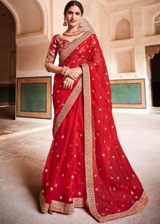 Red Zari Embroidered Organza Saree