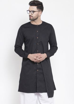 Black Readymade Asymmetric Cotton Kurta