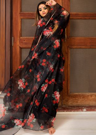 Black Organza Saree In Floral Print