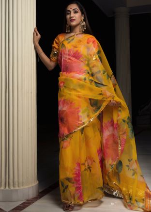 Yellow Floral Printed Organza Saree