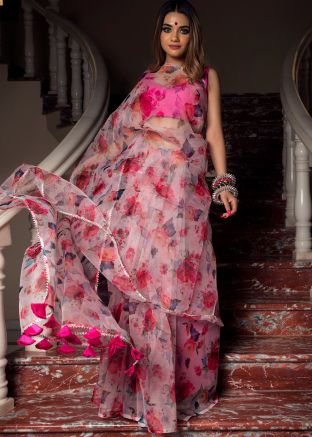 Floral Printed Pink Saree In Organza