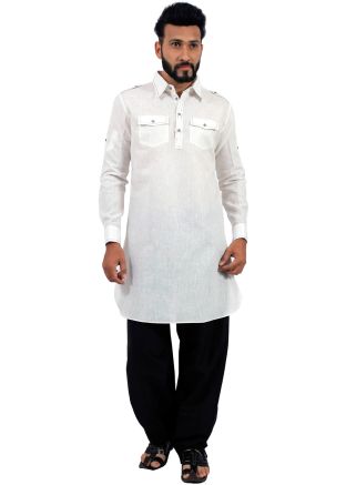 White Cotton Readymade Pathani Suit For Men