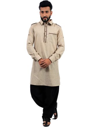 Readymade Beige Cotton Pathani Suit