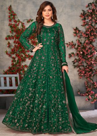 Green Sequins Embroidered Pant Suit With Front Slit