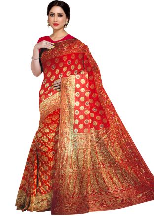 Red Bridal Hand Work Saree In Kanjivaram Silk