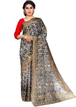 Dark Blue Embroidered Border Saree In Kanjivaram Silk