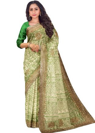 Green Embroidered Border Saree In Kanjivaram Silk