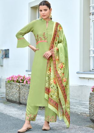 Green Readymade Embroidered Pant Suit Set