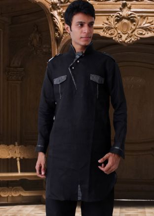 Black Linen Readymade Pathani Kurta