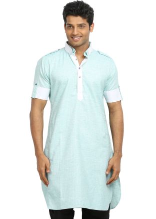 Readymade Turquoise Cotton Pathani Kurta