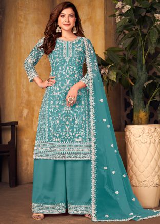 Turquoise Embroidered Net Palazzo Suit With Dupatta