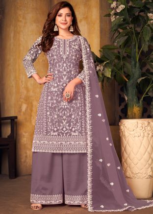 Purple Net Palazzo Suit With Thread Embroidery