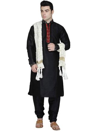 Readymade Black Dupion Silk Kurta With Churidar