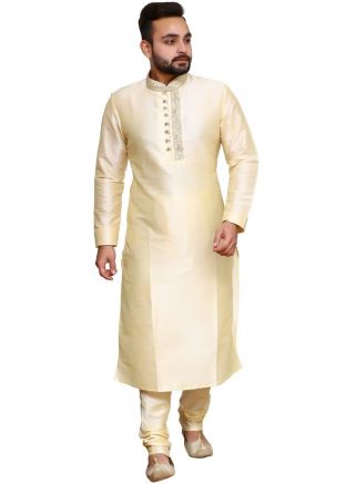 Cream Readymade Dupion Silk Kurta With Churidar