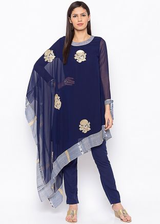 Blue Readymade Asymmetric Kurta Set In Georgette