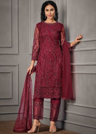 Red Embroidered Pant Suit In Net 
