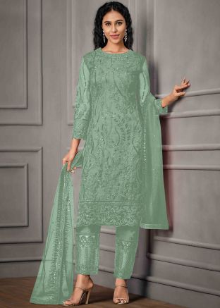 Green Straight Cut Pant Suit With Embroidery