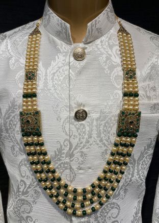Green And Cream Beaded Groom Kantha Mala
