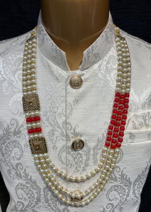 White And Red Beaded Kantha Mala