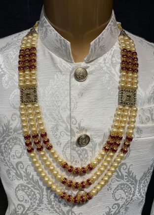 Cream Alloy Based Beaded Kantha Mala For Men