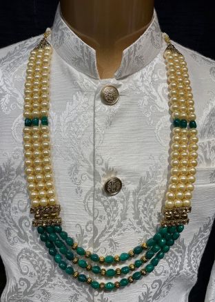 Cream And Green Multichain Beaded Kantha Mala